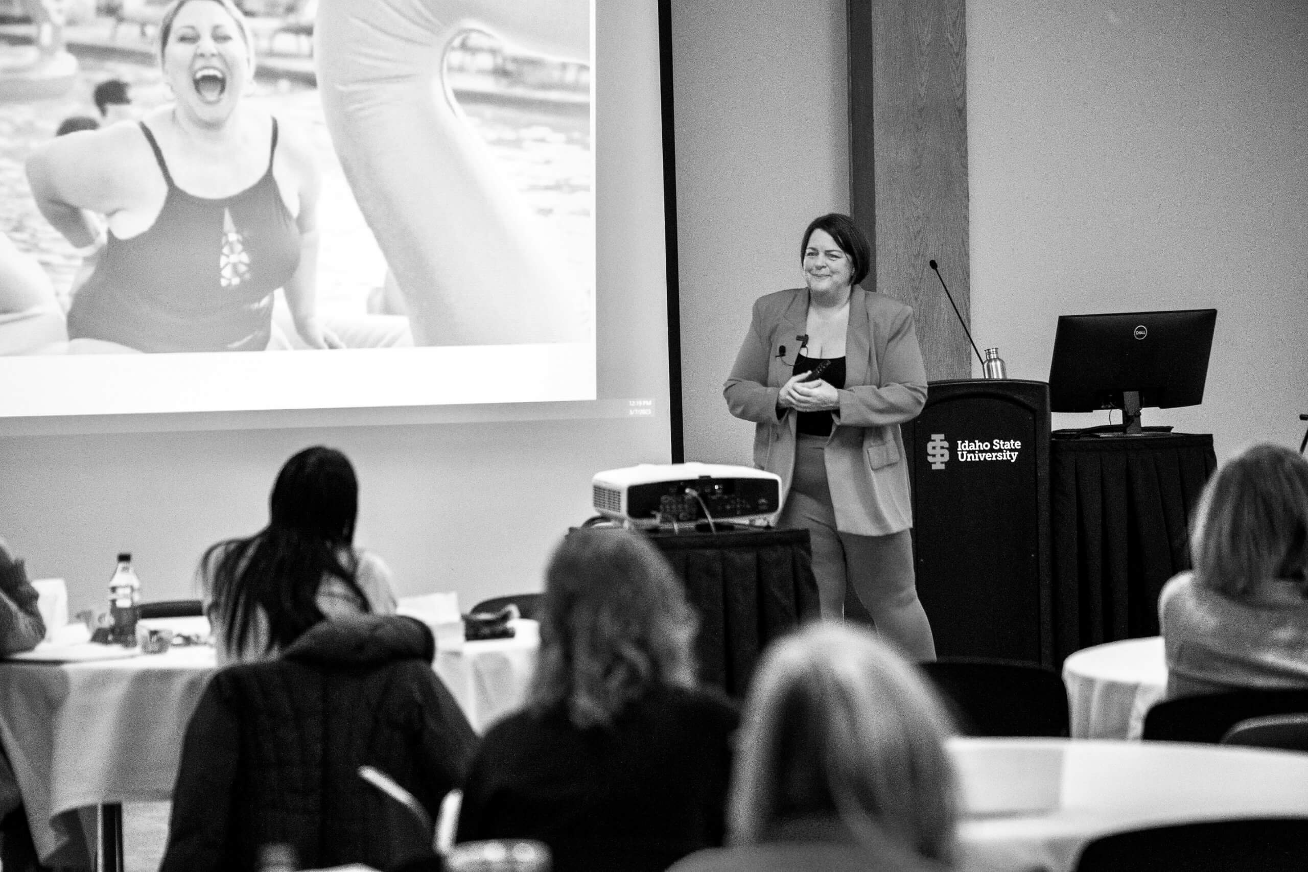 undiet coaching certification -Stephanie Speaking Uni B&W undiet coaching certification