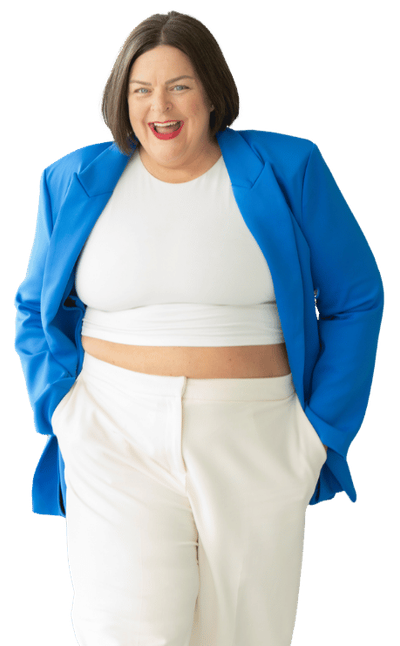 It's Beyond The Food - Undiet your Life Confident Stephanie wearing blue blazers with hands in her pockets undiet your life